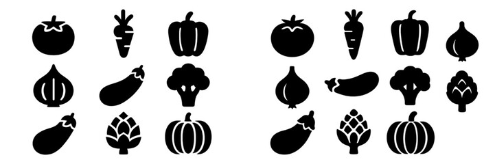 Collection of simple black vegetable silhouettes suitable for various design projects and culinary themes