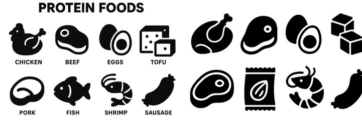 Collection of protein food icons featuring various types of meat, dairy, and plant-based options for nutrition and healthy eating