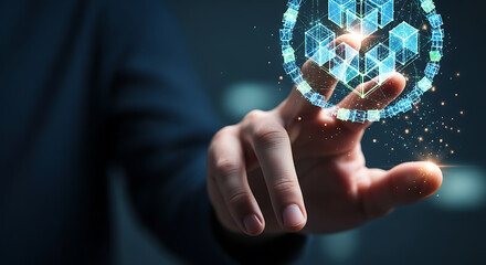 Close-up of a business person's hand interacting with a glowing digital display, visualizing abstract data blocks representing secure network solutions and future technological innovation
