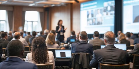Adult people at conference listen to woman speaker providing lecture on scene in big conference hall. Business and Entrepreneurship concept. Audience at the conference hall