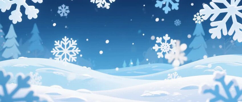 Blue night winter landscape with snowy trees, Christmas decoration, and snowflakes vector illustration