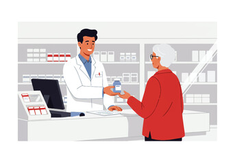 A pharmacist hands a bottle of medication to an elderly woman at the pharmacy counter.