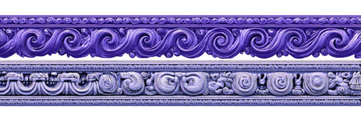 Ornate molding with repeating patterns in two different shades of purple