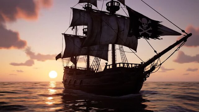 Cinematic Pirate Ship with Jolly Roger Flag Sailing Across the Ocean into a Dramatic Sunset