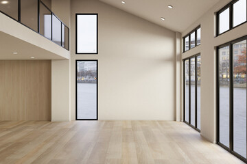Empty bright two story room with glass window and ceiling lamp with white wall and wooden parquet floor.