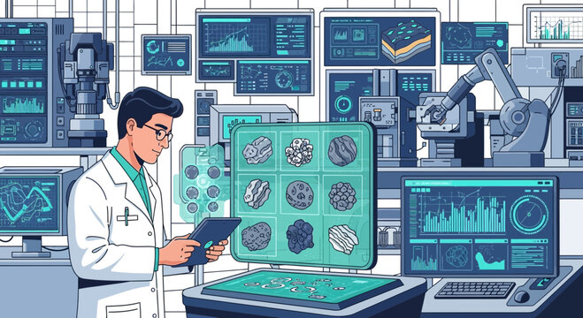 Futuristic laboratory research, advanced technology analysis and scientific assessment