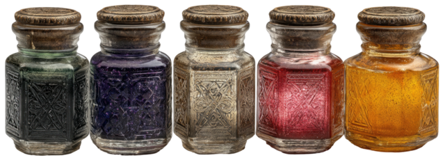 Five glass potions with corks, each filled with a unique color