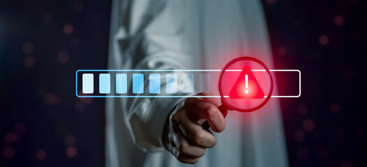 Issue and problem delay concept showing progress bar with red warning alert icon, representing system error, project delay, risk management, troubleshooting, issue detection in business or technology.