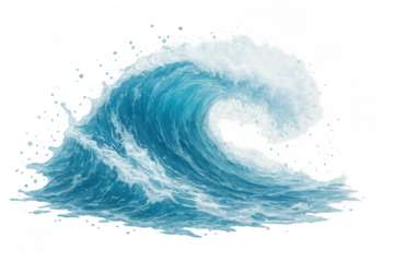 Ocean wave curling and splashing with white foam, illustrating sea power and a dynamic water movement. Transparent background