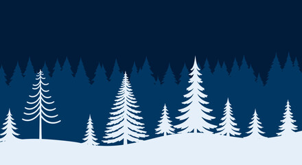 Obraz premium A beautiful winter forest scene with snow-covered evergreen trees under a dark blue night sky.