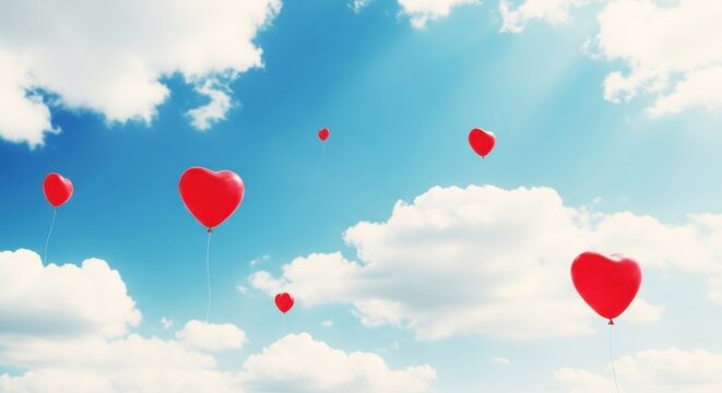 Numerous red heart shaped balloons floating peacefully in a bright blue sky filled with fluffy white clouds on a sunny day signifying love and freedom