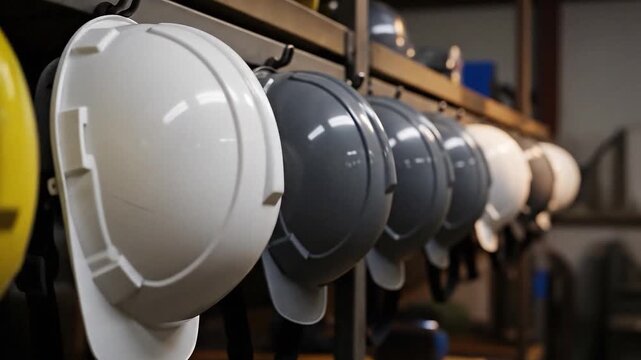 Safety helmets hanging, representing industrial safety and construction site regulations. Hard hats in a row signify professionalism in manufacturing, engineering, and worker protection.