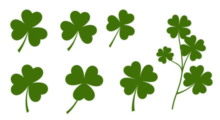 A collection of detailed illustrations depicting various lucky four leaf clover plants.