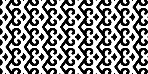 Seamless black and white geometric pattern with bold symmetrical swirl shapes.