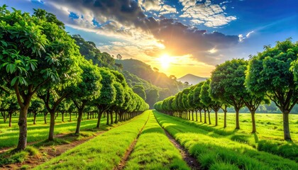 Naklejka premium Vibrant Green Field With Trees Under Blue Sky and Sun Lush Meadow Lined by Trees Sunlit Sky Scenic Greenery Agriculture and Rural Landscape