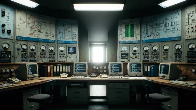 Vintage Control Room View With Light Panels and Old Monitors in Dark Setting