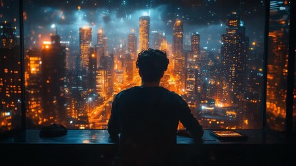 Silhouette of a man looking out a window at a futuristic city skyline at night. - Powered by Adobe