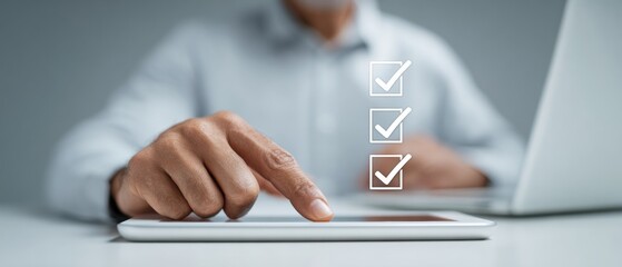 Professional Businessman Using Digital Checklist on Tablet Modern Secure Data Privacy and Compliance Technology for Corporate Marketing Campaigns