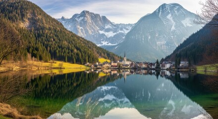Serene Alpine Village Nestled Amidst Majestic Snow Capped Mountains Reflected in a Tranquil Lake