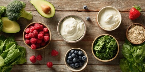 Premium Health Food Flat Lay with Greek Yogurt, Berries, Avocado, and Greens Authentic Nutrition Content for Wellness Marketing and Digital Media