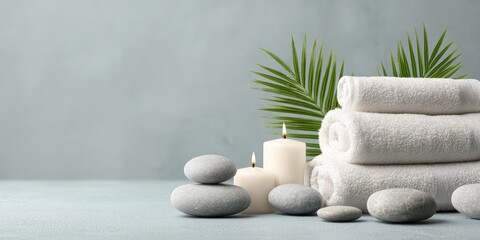 Premium Spa Wellness Composition with Rolled Towels, Candles, and Smooth Stones Modern Relaxation for Millennial Self-Care Marketing and Social Media Campaigns
