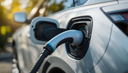 A close-up shot of a modern EV charger being plugged into a car, with sunlight reflecting off the vehicle's surface, symbolizing a bright, eco-friendly future.