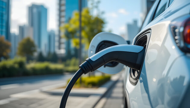 A charging cable is firmly locked into an electric car's port, highlighting the secure connection for sustainable urban mobility.