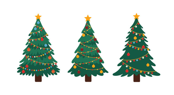 A festive collection of three beautifully decorated christmas trees with twinkling lights and ornaments.