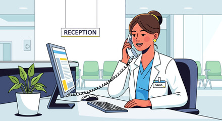 Medical Receptionist Answering Phone at Clinic Reception Desk.
