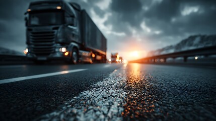 Modern logistics background with highway road and distant truck, left side blank smooth area for text or branding, suitable for freight, transport and delivery business design.