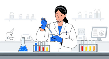 Scientist conducting experiment with test tubes and dropper in laboratory.