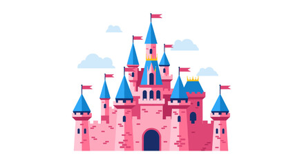 A fairytale castle with blue turrets and pink walls topped with flags and clouds.