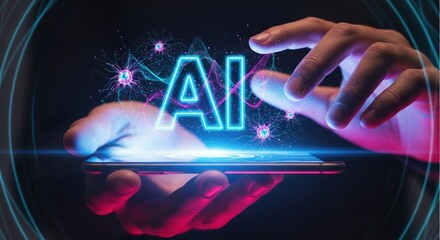 Hands using smartphone showing holographic “AI” letters and neural network icons, futuristic digital innovation