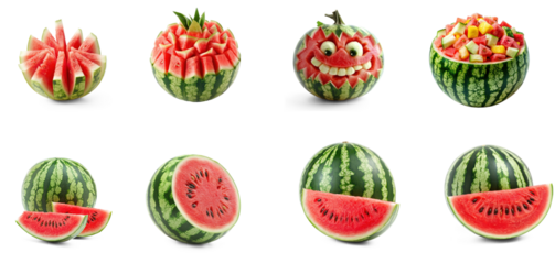 Collection of watermelon carved into fun shapes for a party or gathering. full length isolate on transparent background