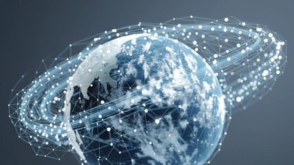 Digital globe network connection with data points and lines orbiting earth, symbolizing global communication technology innovation in futuristic digital network and communication flow - Powered by Adobe