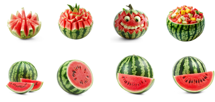 Collection of watermelon carved into fun shapes for a party or gathering. full length isolate on transparent background