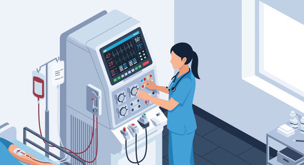 Medical Professional Operating Ventilator in Hospital Room.