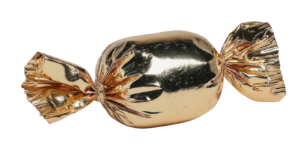 Golden wrapped candy, foil paper gathered at ends, isolated against dark