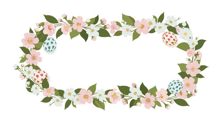 A delicate oval frame adorned with pink and white blossoms and festive patterned Easter eggs.