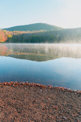 Beautiful Autumn Forest with Mountain Fog and A Lake