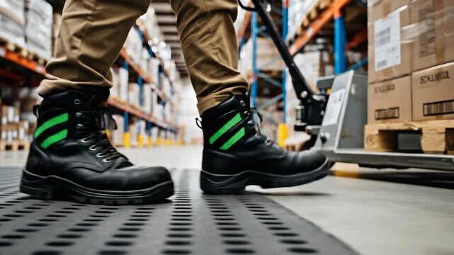 Warehouse worker in safety boots walks through an industrial logistics center. Shows diligent work, efficient supply chain management, and essential operations for storage and delivery.