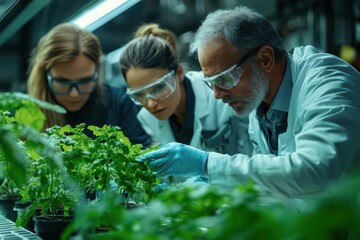 Diverse team of scientists examining green plants in a modern laboratory environment