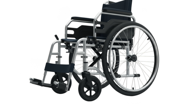 Gleaming metal wheelchair parked in shadows
