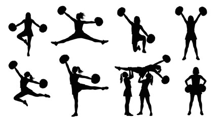 Cheerleader silhouettes set isolated on white background vector illustration