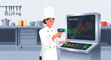 Chef Analyzing Kitchen Waste Trends Using Technological Scanning Device Interface