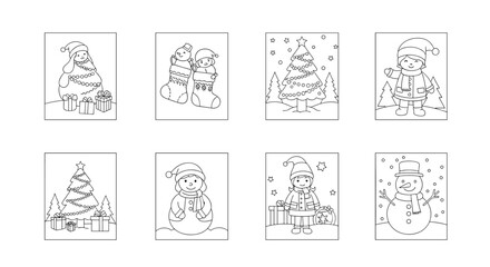 A charming collection of festive holiday coloring pages featuring cheerful Christmas characters and winter scenes.