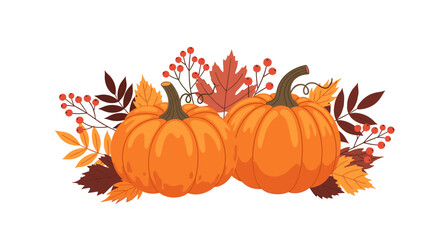 Two plump pumpkins nestled amongst colorful autumn leaves and berries signaling the harvest season.