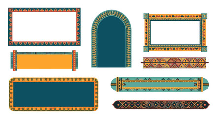 Ornamental frames and banners with traditional geometric patterns and vibrant colors.