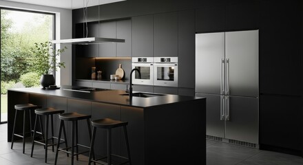 Modern kitchen interior with black cabinets and stainless steel refrigerator minimalist design for luxury homes showcasing contemporary style