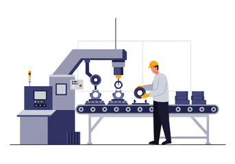 An industrial worker in a hard hat oversees a robotic arm assembling metal parts on a conveyor belt in a factory setting.